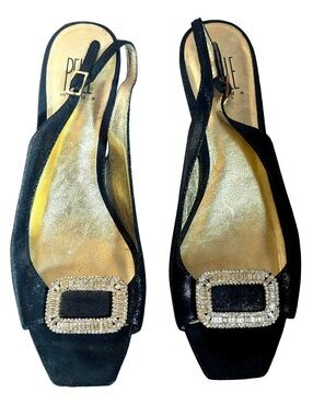 Vintage 90s Pelle Moda Black Slingback Kitten Heels with Rhinestone Buckle